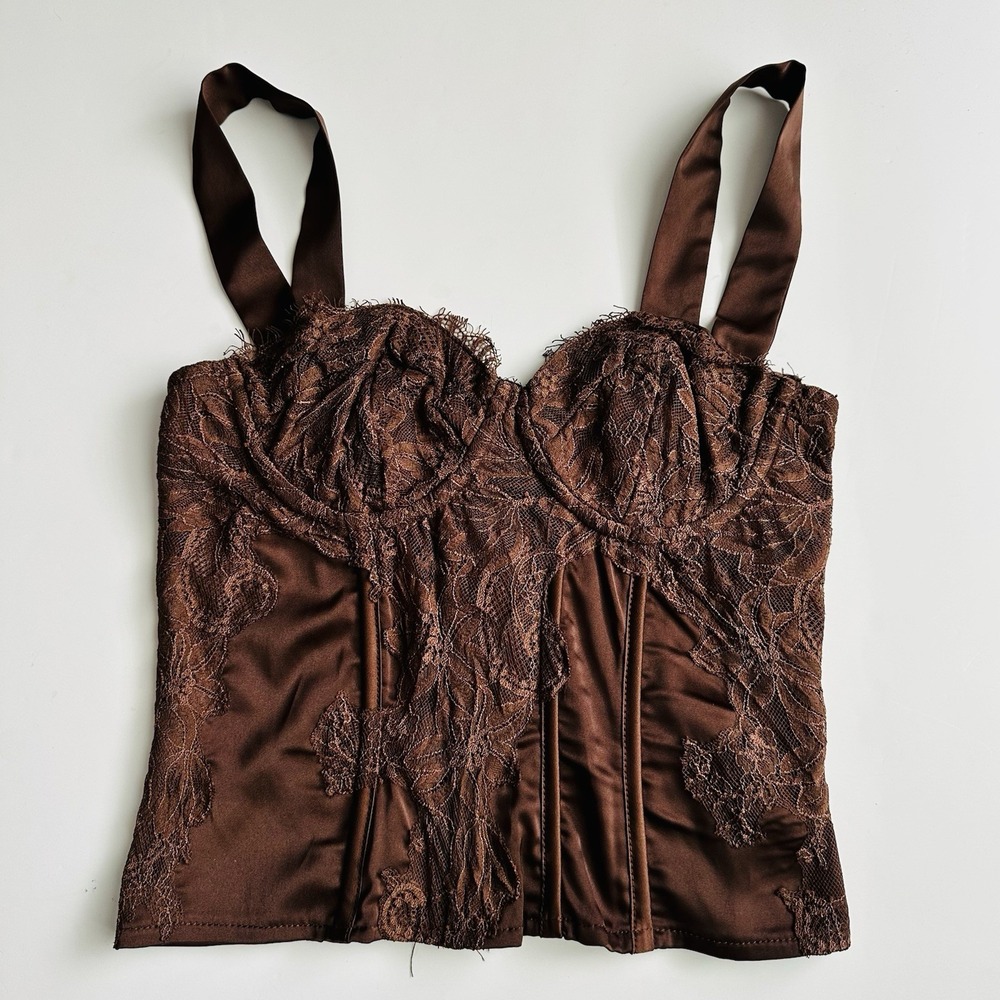 Missguided Lace Trim Corset Top Size XS Brown Satin Sweetheart Neckline Zipper